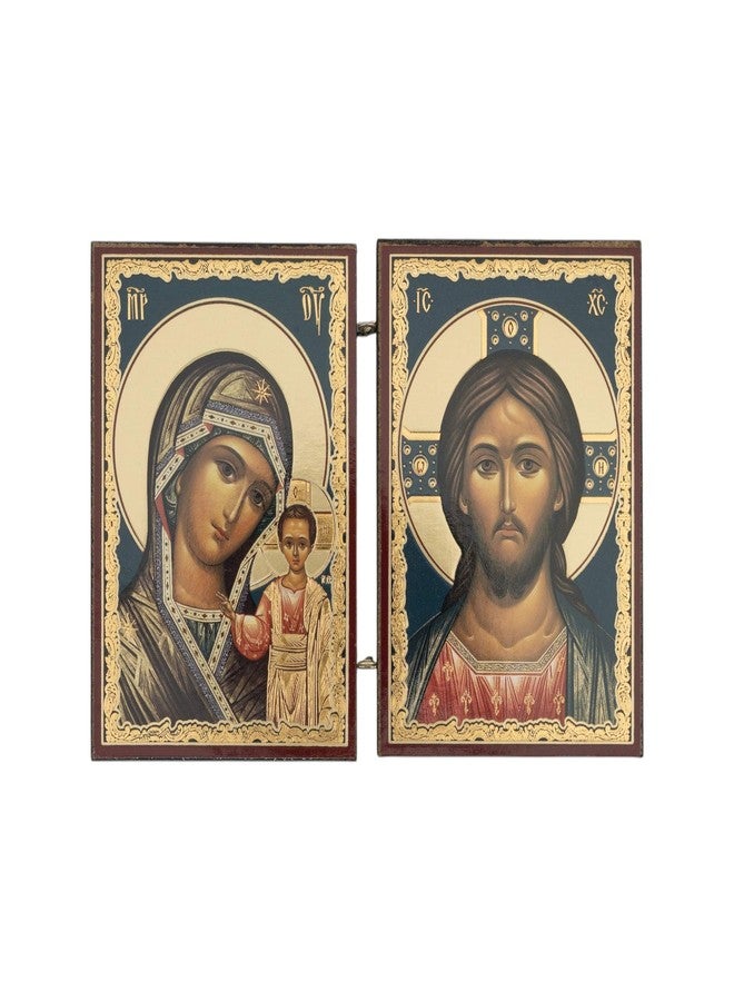 BlessedMart Orthodox Christian Pocket Diptych Icons - Folding Mini Byzantine Icons of Christ and Theotokos - 3.35" Tall Travel Icons (Theotokos of Kazan and Christ Pantocrator) - Image 1